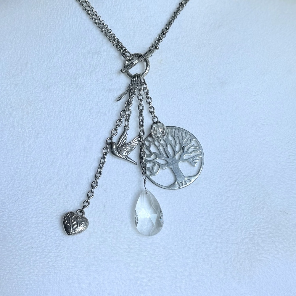 🌳 Cookie Lee Silver Charm Necklace w/Heart Dove Crystal Accents & Tree of Life - Picture 8 of 11